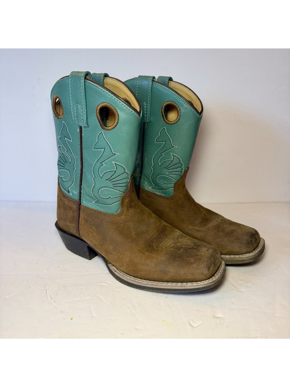 Masterson Girls Cowgirl Leather Teal Square‎ Toe Boots RB2010C Size 2.5